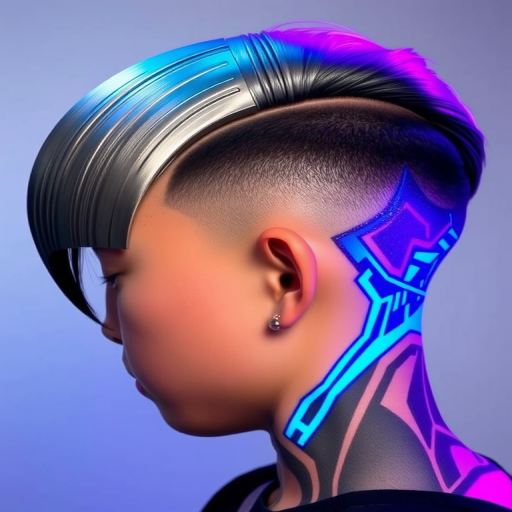 Futuristic Cyberpunk Undercut exhibiting a sleek silver metallic top section contrasting with neon blue and purple shaved sides intricately patterned with geometric designs