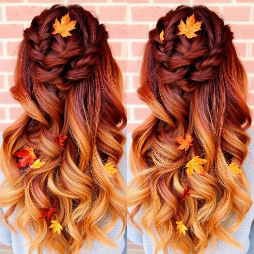 Autumn harvest ombre transitions from rich burgundy to golden wheat, styled in loose braids intertwined with colorful leaves, celebrating the changing seasons
