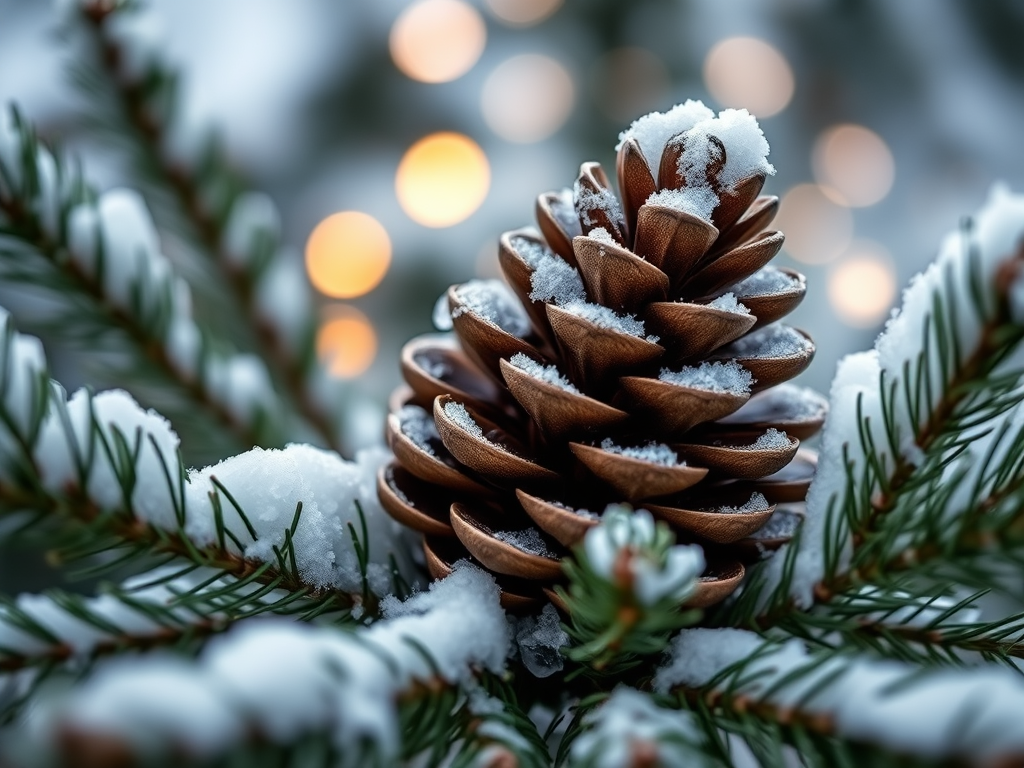 A close-up of a snow-covered pine cone nestled among evergreen branches, with soft bokeh lights in the background, captured using a Canon EOS R5 with a 50mm f/1.2 lens at f/2.8, ISO 200, and a shutter speed of 1/250 seconds, featuring a shallow depth of field for enhanced detail and rich colors.