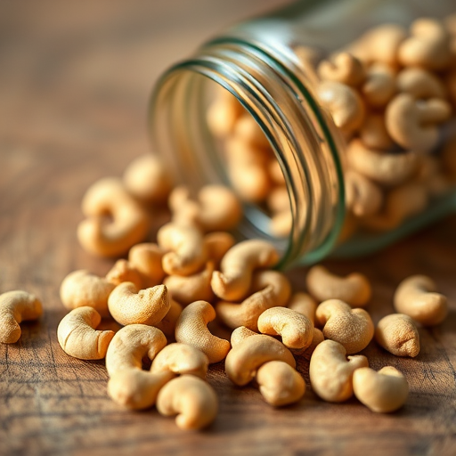 Close-up shot of a glass jar spilling cashew nuts onto a wooden surface, shallow depth of field, natural lighting, ISO 200, f/2.8 aperture, 50mm lens, DSLR camera.