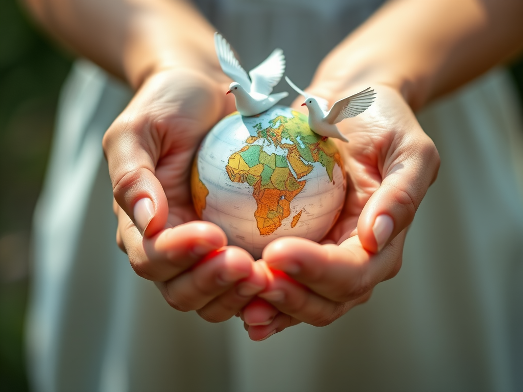 A pair of hands gently cradling a stylized globe with two doves in flight, soft natural lighting, shallow depth of field, captured with a Canon EOS R5, 50mm lens, f/2.8, ISO 100, 1/200 sec.