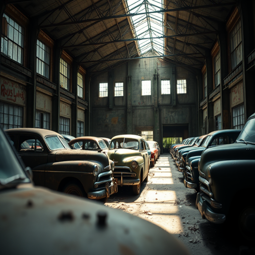 abandoned warehouse with old rusty cars, natural light streaming through broken windows, depth of field with a focus on foreground detail, DSLR camera, 24mm lens, f/8 aperture, ISO 200, shutter speed 1/125 sec, high dynamic range imaging