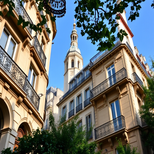 photograph of a historic Parisian building with intricate balconies and a prominent bell tower in the background, shot from a low angle with a 24mm lens, aperture f/8, ISO 200, natural lighting, DSLR camera, vibrant colors, focus on architectural details and surrounding greenery