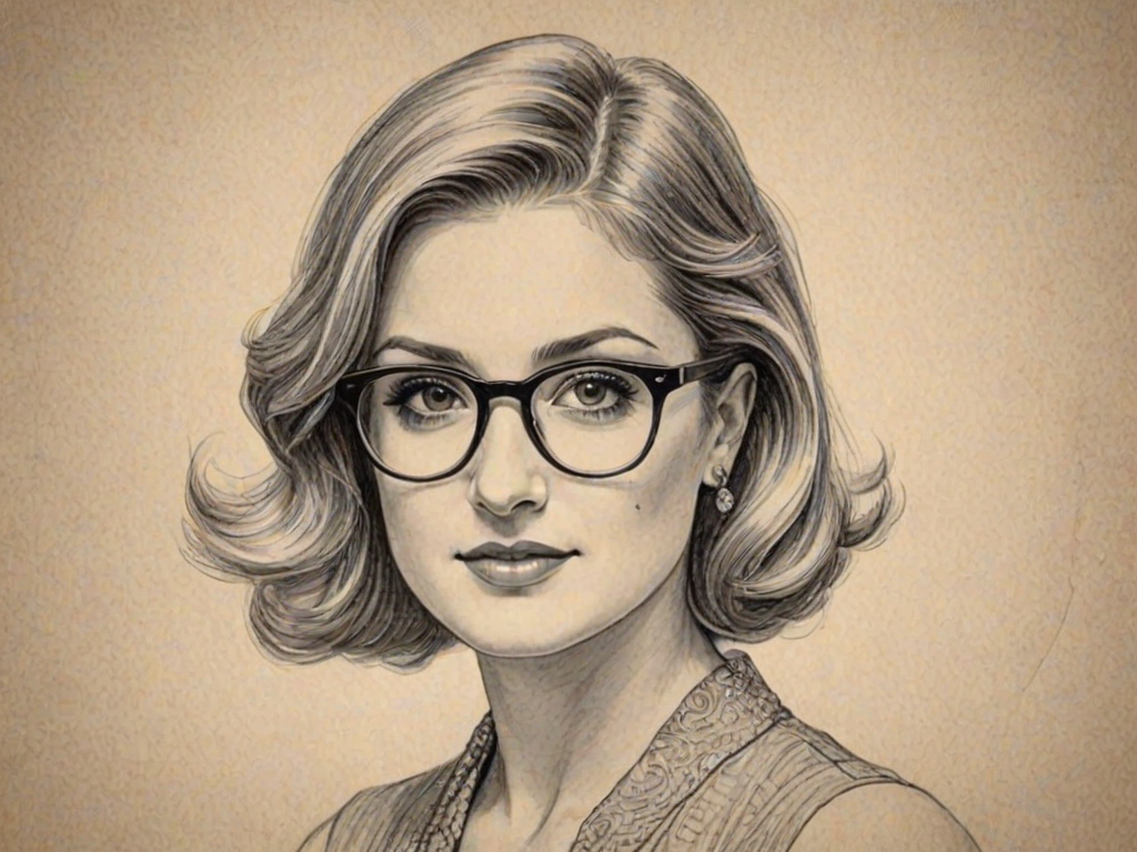 Enticing Ariana Huffington, pencil sketch, portrait of Fetching woman 1920s in glasses, hair style beatnik, outline, clear lines, fine lines, 8k
