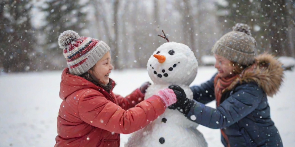 Blurry action shot of a family playing in the snow, soft snowflakes falling around them as they build a snowman, with warm laughter echoing in the winter air.