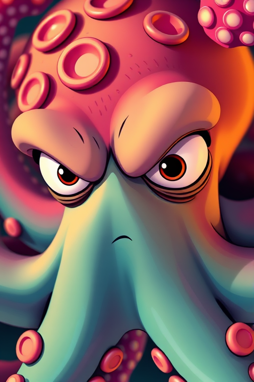 Create a vibrant cartoon-style image of an angry octopus with exaggerated facial features, using a Canon EOS R5 camera, f/2.8 aperture, ISO 100, 1/200 sec shutter speed, a close-up view, and a bright, high-contrast color palette.