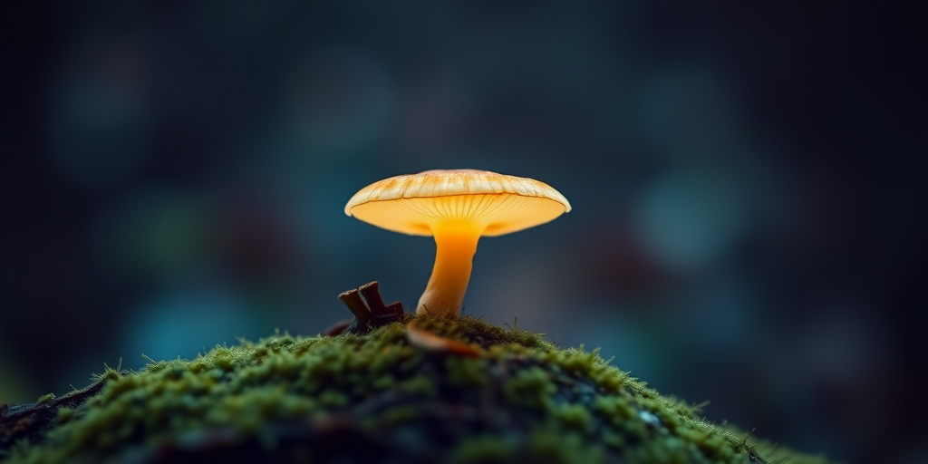 A close-up shot of a glowing mushroom on a mossy log with a blurred bokeh background, taken with a DSLR camera, 50mm lens, aperture f/1.8, ISO 200, shutter speed 1/200 sec, focusing on the mushroom to enhance image sharpness and detail.