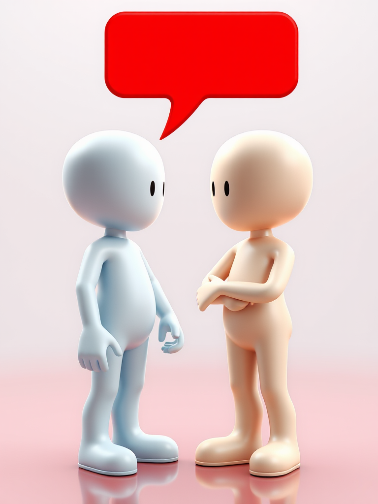 Create a 3D cartoon-style image of two generic humanoid figures standing facing each other, one with a red speech bubble and the other with a blue speech bubble, taken with a DSLR camera at f/2.8 aperture, 50mm lens, ISO 100, 1/200 sec shutter speed, wide-angle view, high-resolution.