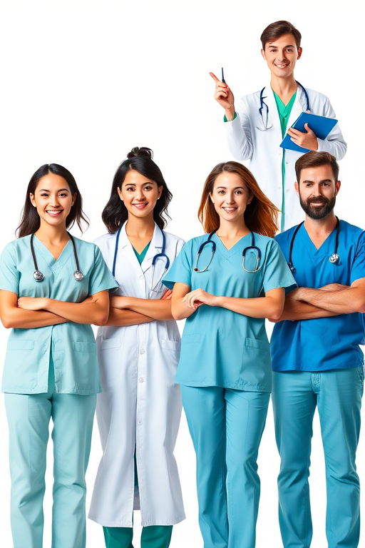 Create an image of six diverse medical professionals in a flat design style, with three women and three men, each wearing scrubs and lab coats, in different poses and holding various medical tools, captured with a Canon EOS R5, 50mm lens, f/1.8 aperture, ISO 100, in bright daylight for clear colors and high detail.