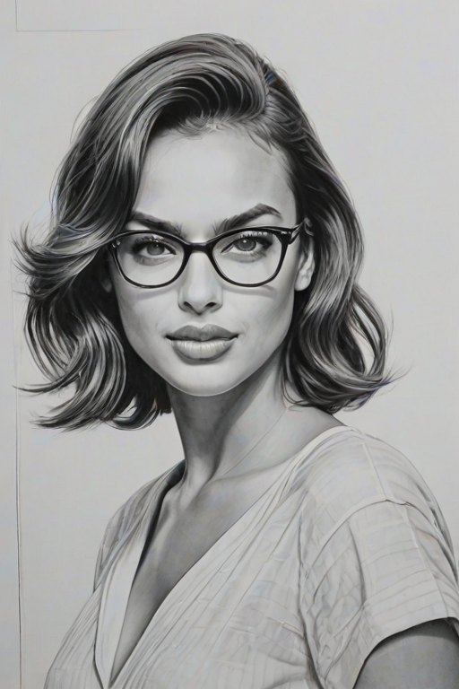 Resplendent Irina Shayk, pencil sketch, portrait of Bewitching woman 1961s in glasses, hair style beatnik, outline, clear lines, fine lines, 8k
