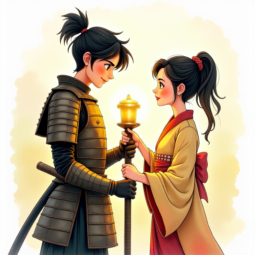 A watercolor and ink-painted, detailed line drawing of a young samurai in armor with black hair, clean-shaven, big eyes, and a large smile, standing next to a beautiful woman in a kimono. Both are holding the shaft of a warhammer together, with the head of the warhammer now adjusted to the proper size. They are the same height and look at each other with affection. The samurai is glowing with a yellowish aura, radiating warmth. The scene has a whimsical, adventurous feel in a Disney-Pixar aesthetic, with soft watercolor tones, intricate ink details, and a magical, cinematic atmosphere