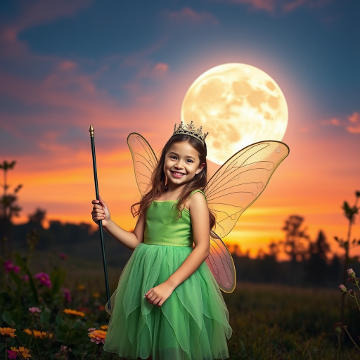 A vivid photo  taken under a bright camera flash of a fantastical scene set against a backdrop of a forest during sunset. The main subject is a girl dressed as a fairy, adorned with translucent wings and a green dress, holding a wand, her face is happy, and she wears a crown on her head. The forest behind her is a blend of flowers, shrubs and trees. The sky is painted in hues of orange and pink, with a large, glowing moon casting a warm glow over the scene. The overall color palette is dominated by earthy tones.