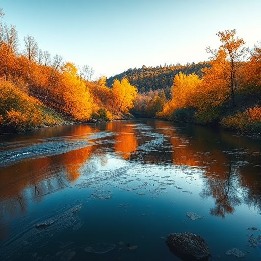 Create a serene landscape image of a river surrounded by autumn foliage with vibrant yellow and orange trees reflecting in the water, shot from a low angle at a wide aperture f/2.8, using a DSLR camera with a 24mm lens, under natural daylight for enhanced color and clarity.