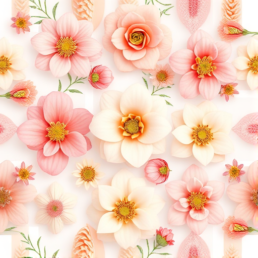 Generate a seamless floral pattern with pastel flowers in shades of pink, peach, and cream against a white background, using a Canon EOS R5 camera, 50mm lens, f/2.8 aperture, ISO 100, natural light, and a top-down view to enhance image clarity and detail.