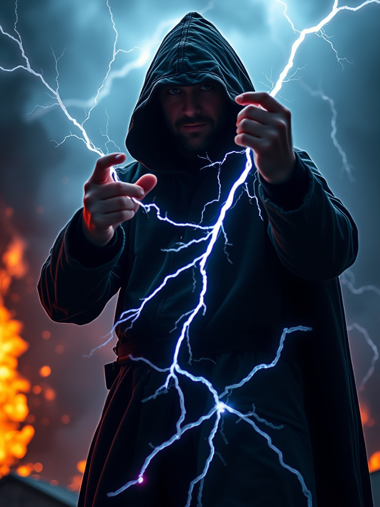 Create a dramatic scene of a figure in a hooded cloak manipulating lightning, with a fiery background and stormy atmosphere, using a DSLR camera with a 50mm lens at f/1.8, ISO 100, and a shutter speed of 1/200s, capturing a low angle view for dynamic perspective and vibrant colors.