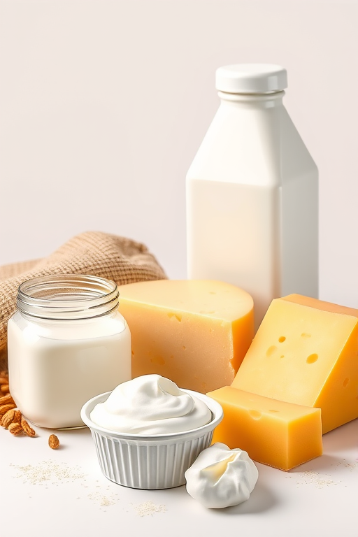 Create a high-resolution illustration of a dairy-themed composition featuring a jar of yogurt, a slice of cheese, a milk jug, a carton of milk, a block of cheese, and a container of sour cream, using a studio lighting setup with a 50mm lens at f/2.8, ISO 100, and a 1/125 sec shutter speed for crisp details and vibrant colors.