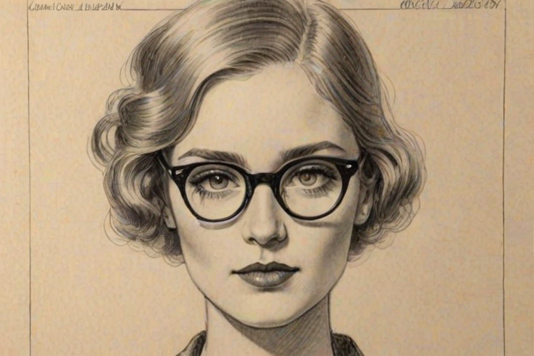 Fetching Virginia Gardner, pencil sketch, portrait of Comely woman 1927s in glasses, hair style beatnik, outline, clear lines, fine lines, 8k