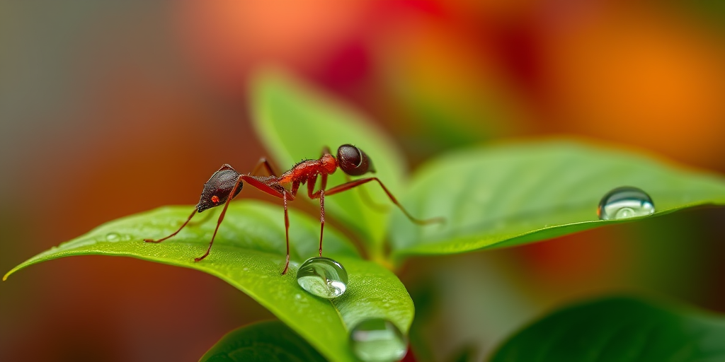 a close-up of an ant perched on green leaves with a blurred colorful background, droplets of water on the leaves, captured in vivid detail