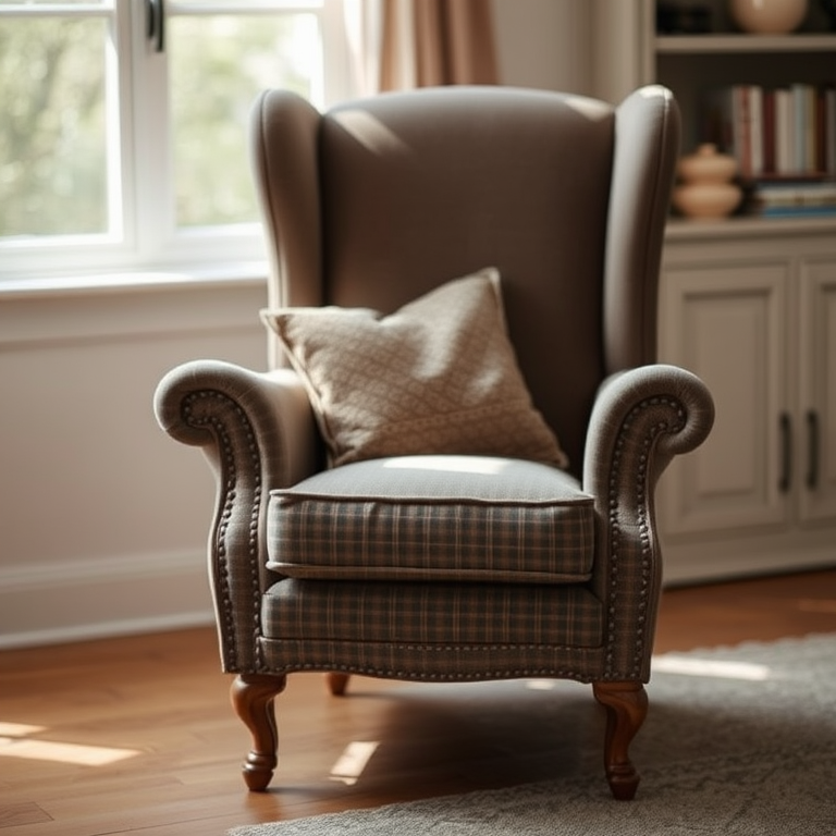 A cozy armchair with a vintage design, photographed in natural light, 50mm lens, f/2.8 aperture, ISO 100, shallow depth of field, soft focus background, high-resolution digital capture.