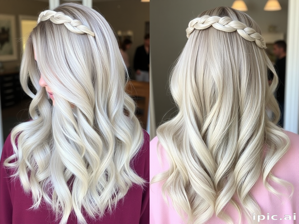 Cool ash blonde hair is transformed into the ethereal "Moonlit Haze" style. The long, layered cut is styled in soft, romantic waves that seem to float weightlessly. Pale silver highlights throughout create a subtle shimmer, while a delicate braided crown adds an elegant, otherworldly touch to this dreamy look.