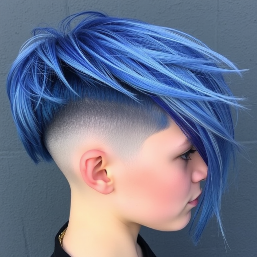 Edgy blue and silver undercut dubbed "Electric Frost" combines a closely cropped sides with long, swept-over top layers featuring a metallic sheen and icy highlights