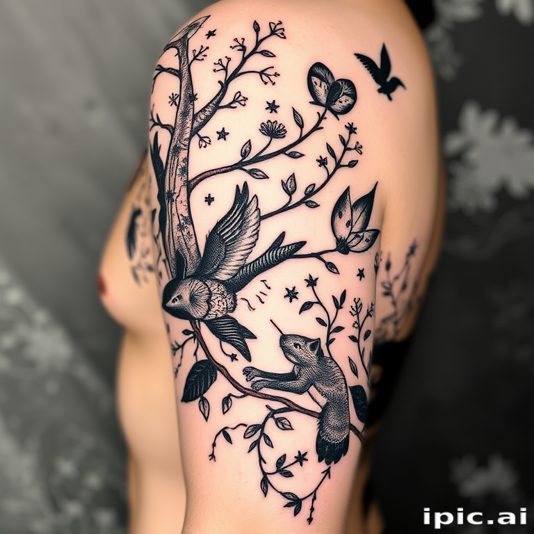 Illustrative blackwork tattoo called "Enchanted Forest" depicting whimsical woodland creatures and flora with bold black lines and negative space to create depth and contrast