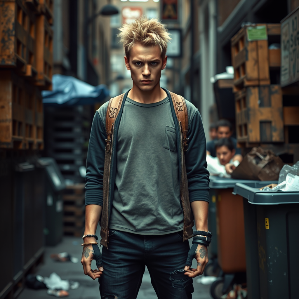 generate an ultra-realistic, highly detailed photograph of a punk. he's standing still, looking menacingly at the camera. he's in a narrow, dirty London street. there are wooden crates stacked up. overflowing rubbish bins, rubbish on the ground.