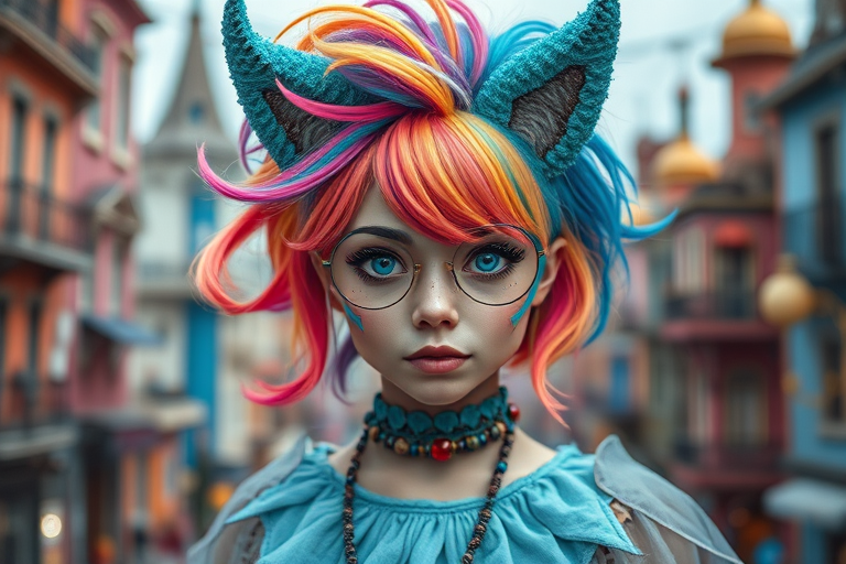 Create a vibrant portrait of a fantasy character with colorful hair and animal features, set in a whimsical cityscape, using a Canon EOS R5, 50mm lens, f/1.8 aperture, ISO 100, and soft focus effect to enhance depth and detail.