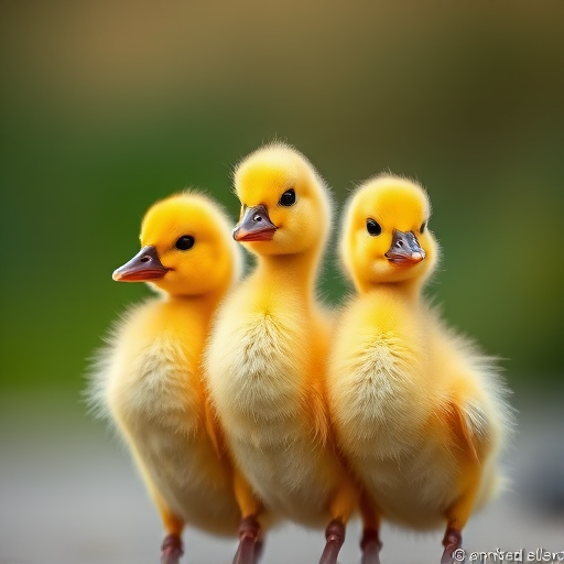 Three fluffy yellow ducklings standing side by side, captured with a Canon EOS 5D Mark IV, f/2.8, ISO 100, 50mm lens, natural light, shallow depth of field for enhanced background blur, high-resolution photography.
