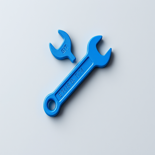 Create a high-resolution image of a blue wrench icon against a smooth gray background using a digital camera with a macro lens, aperture set to f/2.8, ISO 100, and a focal length of 50mm for a sharp, detailed view.