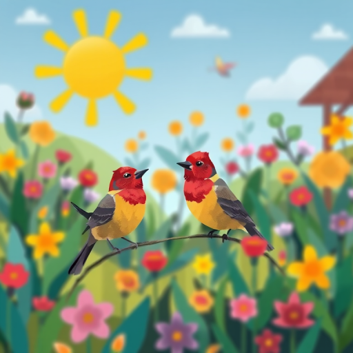 Create a vibrant illustration of birds in a colorful, whimsical garden with a stylized sun, using a soft focus lens with an aperture of f/2.8, ISO 100, and a 35mm focal length to enhance the image quality, presenting the scene from a slightly elevated angle for depth.