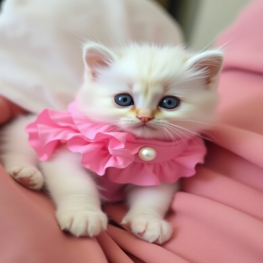 Fluffy white kitten with big blue eyes wearing a cute pink outfit with ruffles and a pearl detail, posing playfully while lying on a person's lap, soft background and cozy atmosphere.