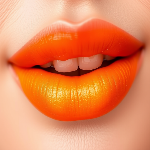 Ombre gradient lips transitioning from soft peach to vivid tangerine, dubbed "Citrus Sunrise," with a satin finish and fine, shimmering golden flecks throughout