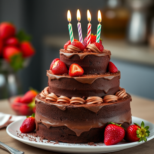 Create a three-tiered chocolate cake adorned with fresh strawberries and birthday candles, captured in high resolution with a DSLR camera set to f/2.8 aperture, ISO 100, and a 50mm lens for a shallow depth of field, shot from a slight diagonal angle to enhance the cake's visual appeal.