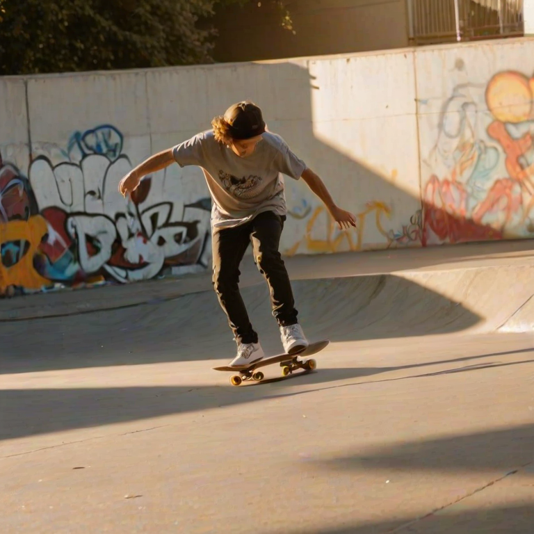 Blurry action shot of a skateboarder performing a trick in an urban skate park, graffiti-covered walls in the background, soft golden hour light casting long shadows on the pavement.