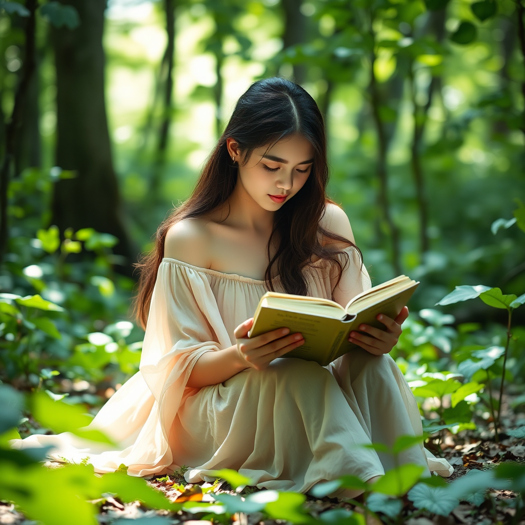 A serene young woman in a flowing light-colored dress sitting on the forest floor, deeply immersed in a book, surrounded by lush green leaves and soft, gentle lighting, captured with a Nikon D850, 50mm lens, f/1.8 aperture, ISO 200, soft focus effect, and natural light to emphasize the tranquil ambiance.