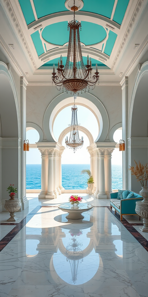 luxurious coastal villa interior with turquoise accents and chandeliers, bright sunlight illuminating marble floors, ocean view through grand arches, aperture f/2.8, ISO 100, 24mm lens, DSLR with soft focus style