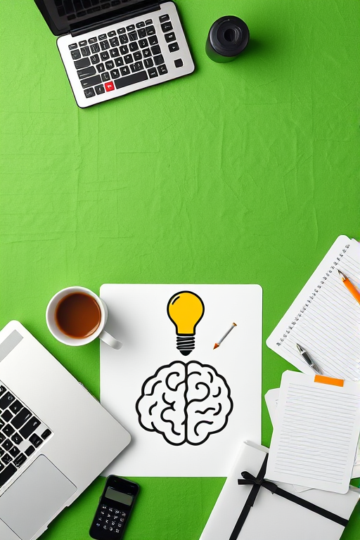 Create an image showing a stylized workspace with a green textured background, featuring a laptop, smartphone, calculator, coffee cup, and notepads, with a light bulb above a brain illustration, captured with a Canon EOS R5 at f/2.8, ISO 100, 1/125s, using a top-down perspective and a soft focus style for enhanced quality.