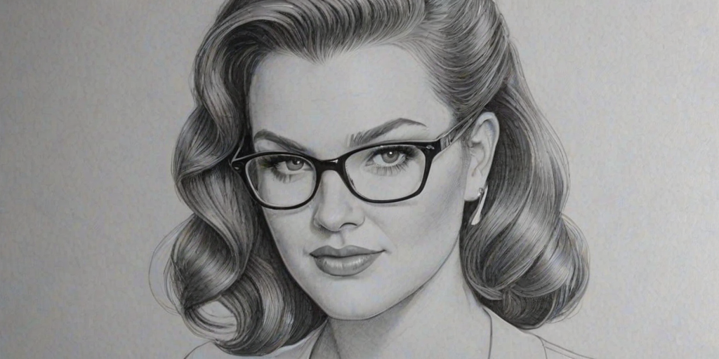 Elegant Sara Rue, pencil sketch, portrait of Fascinating woman 1951s in glasses, hair style beatnik, outline, clear lines, fine lines, 8k