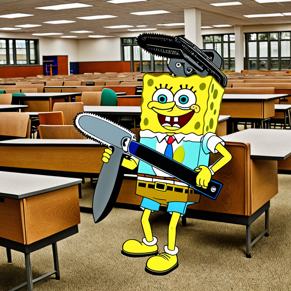 spongebob with a chainsaw at school while they look at him