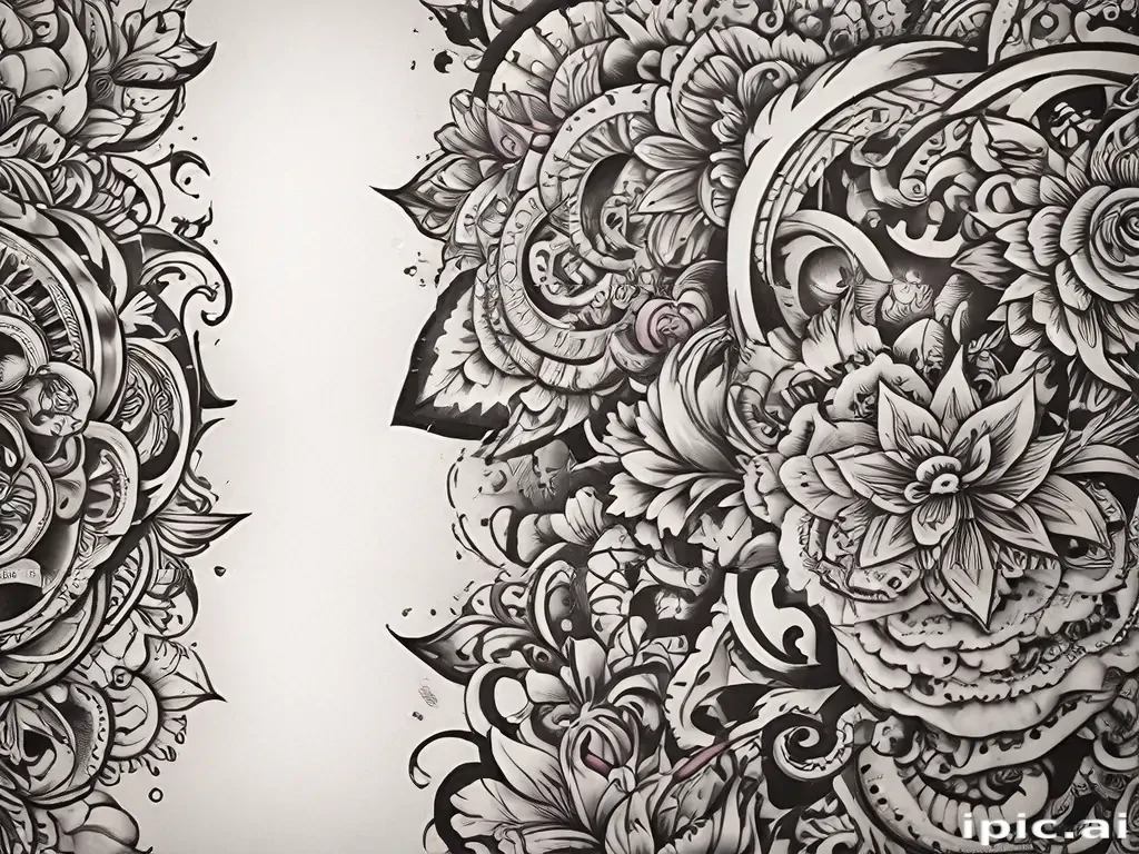 Intricate Black and White Floral Design with Detailed Patterns and Textures