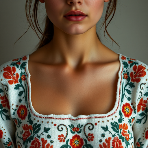 Face, shoulders, chest covered in openwork Ukrainian embroidery. Raw, unedited image.