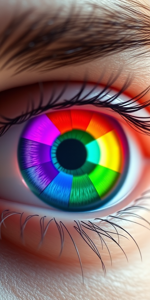 generate an image of a stylized human eye with a colorful RGB color wheel inside, use a Canon EOS R5 camera with a 50mm f/1.2 lens, aperture set to f/4, ISO 100, shutter speed 1/200s, shot from a frontal view with soft lighting to enhance colors and details.