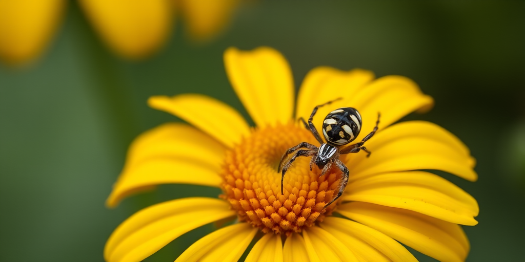macro shot of a yellow marigold flower with a striped spider perched on it, shallow depth of field, f/2.8, 1/200s, ISO 100, natural light, DSLR camera, 100mm lens, soft focus background
