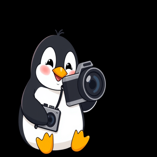 cute cartoon penguin holding a camera with a playful expression, minimalist style, black background, high-resolution, 50mm lens, f/2.8 aperture, ISO 100, natural lighting, focus on the penguin, soft shadows