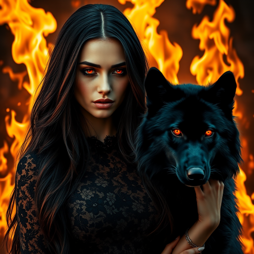 A woman with long dark hair, wearing a black lace dress that seamlessly blends into her skin with intricate floral patterns. She is in the foreground, with a black wolf beside her; its fur is midnight black, and it has glowing, intense, orange eyes that match hers. Her eyes are partially closed with burning embers above them, giving a fiery and mystical aura. The background is engulfed in tall, roaring flames, contributing to an overall dark and supernatural atmosphere. The colors are intense, predominantly black, fiery orange, and deep reds, with sharp contrast highlighting the mysterious and fierce theme. The flames are bright and dynamic, casting dramatic light and shadow, illuminating the woman and wolf while leaving parts in near darkness. The image evokes a sense of otherworldly power and connection between the woman and the wolf.