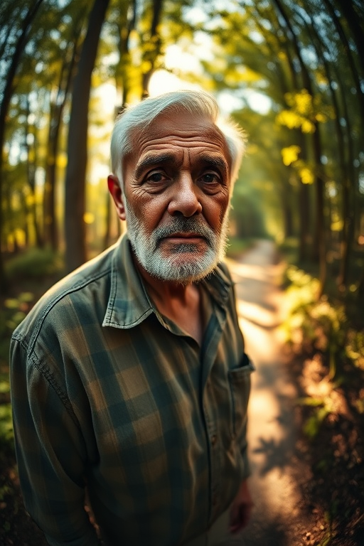 create an ethereal portrait of an elderly man walking through a sunlit forest path, with dramatic lighting and a shallow depth of field, taken with a Canon EOS R5, using a 16mm f/2.8 fisheye lens, at ISO 100 and an aperture of f/2.8, capturing the textures of his weathered skin and the surrounding foliage.