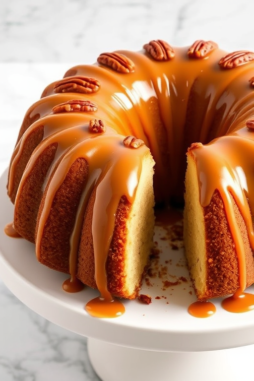 Create an image of a bundt cake with a glossy caramel glaze drizzled over the top and topped with pecans. The cake should be partially sliced to reveal its moist interior, and it should be placed on a white cake stand with a marble background. The scene should be bright and inviting, emphasizing the delicious details of the cake.