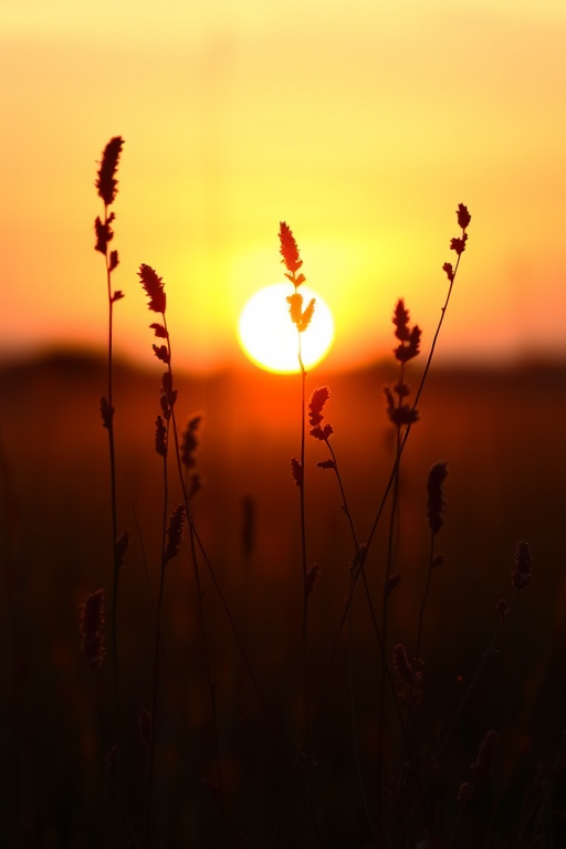 sunset over a field with silhouetted plants in the foreground, f/2.8 aperture, 1/1000s shutter speed, ISO 100, macro lens, warm tones, soft focus background, DSLR camera