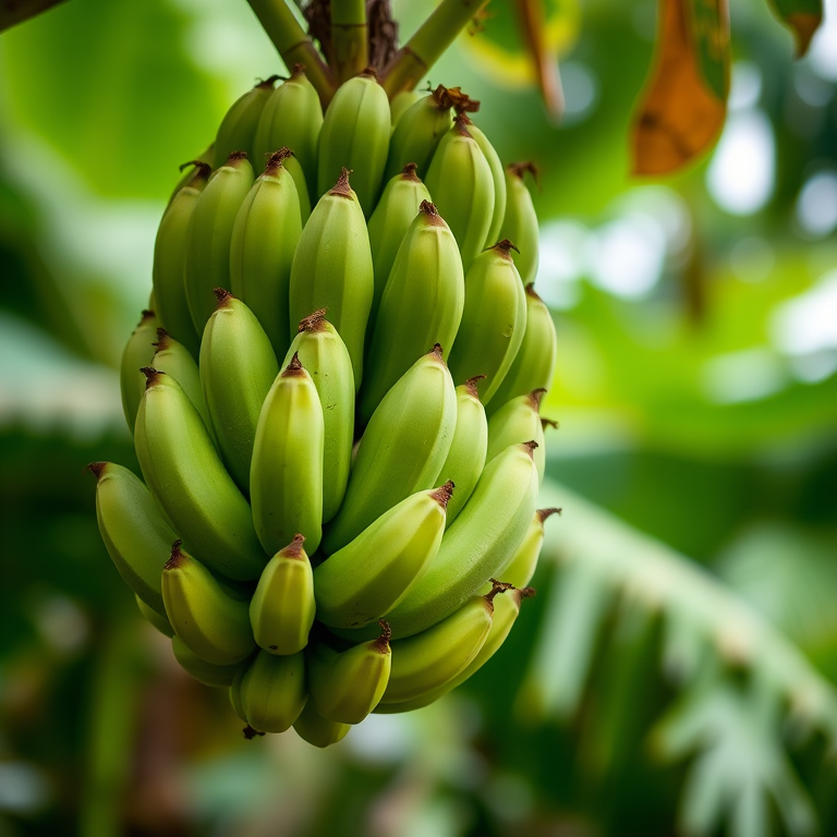 Capture a close-up of a bunch of green bananas hanging from a tree, with a blurred lush green background, using a DSLR camera, 50mm lens, aperture set to f/1.8, shutter speed 1/200s, and ISO 200 for enhanced depth of field and sharpness.